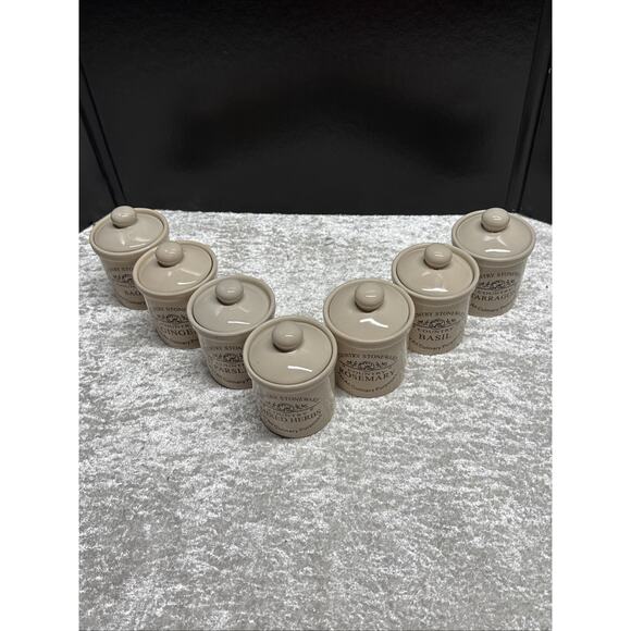 Country stoneware spice jars Set of 7! EUC - Picture 10 of 11